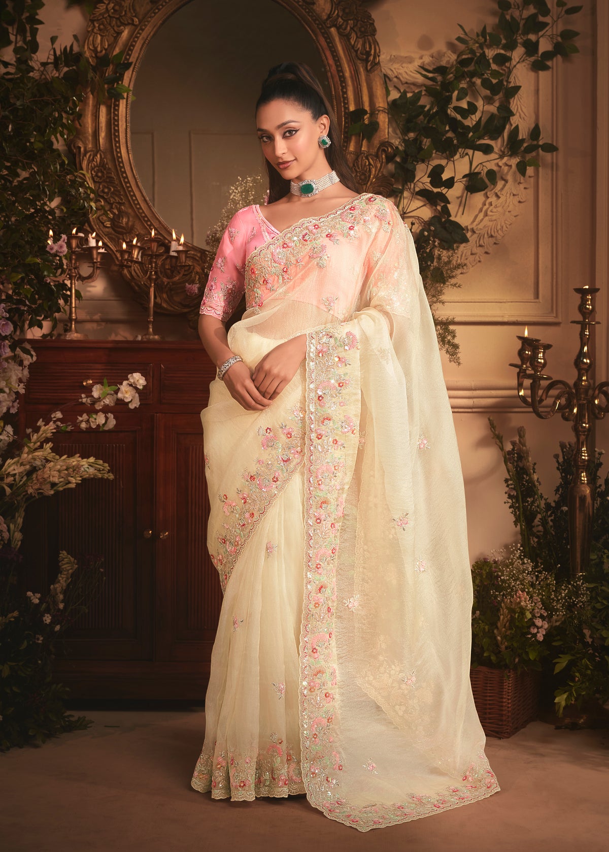 Designer Cream Tissue Organza Saree with All Over Butta Work & Heavy Stone Work