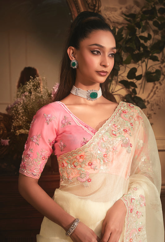 Designer Cream Tissue Organza Saree with All Over Butta Work & Heavy Stone Work