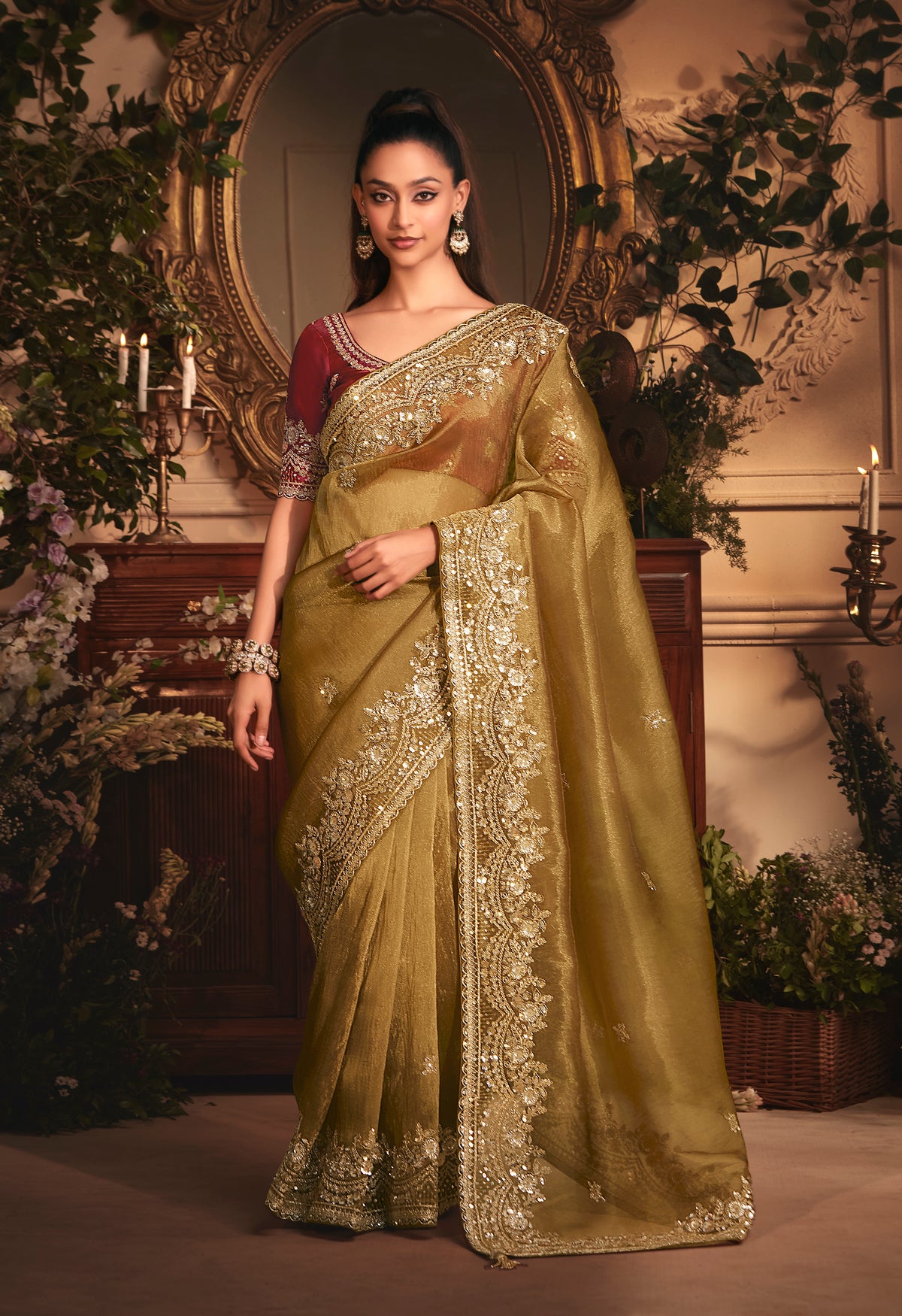Designer Golden Tissue Organza Saree with All Over Butta Work & Heavy Stone Work
