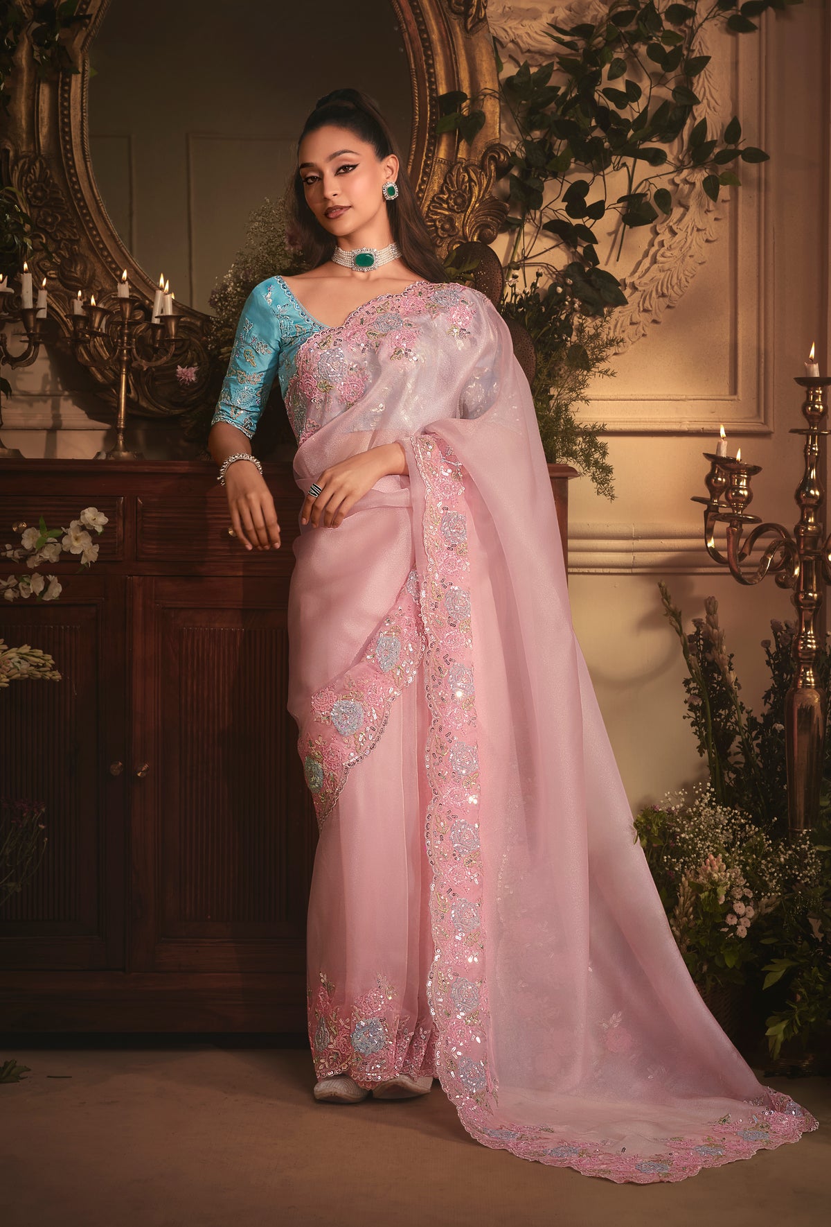 Designer Light Pink Tissue Organza Saree with All Over Butta Work & Heavy Stone Work