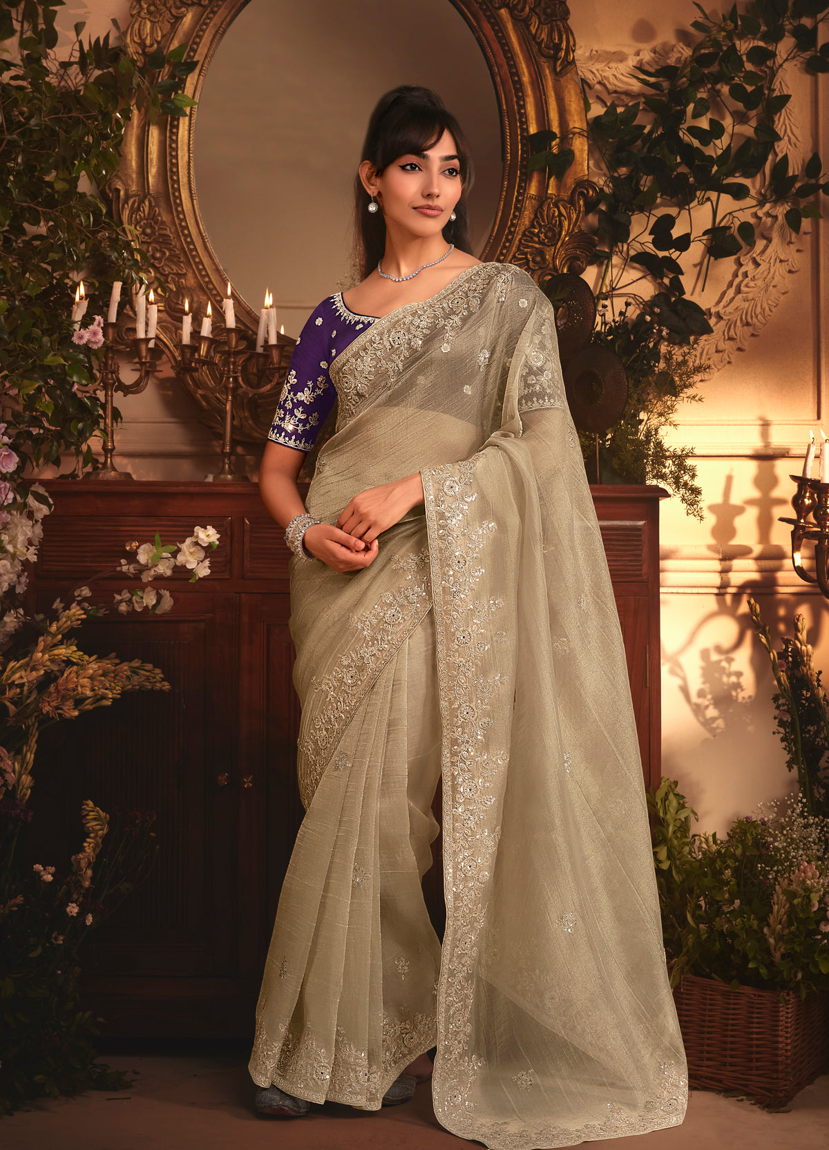 Designer Beige Tissue Organza Saree with All Over Butta Work & Heavy Stone Work