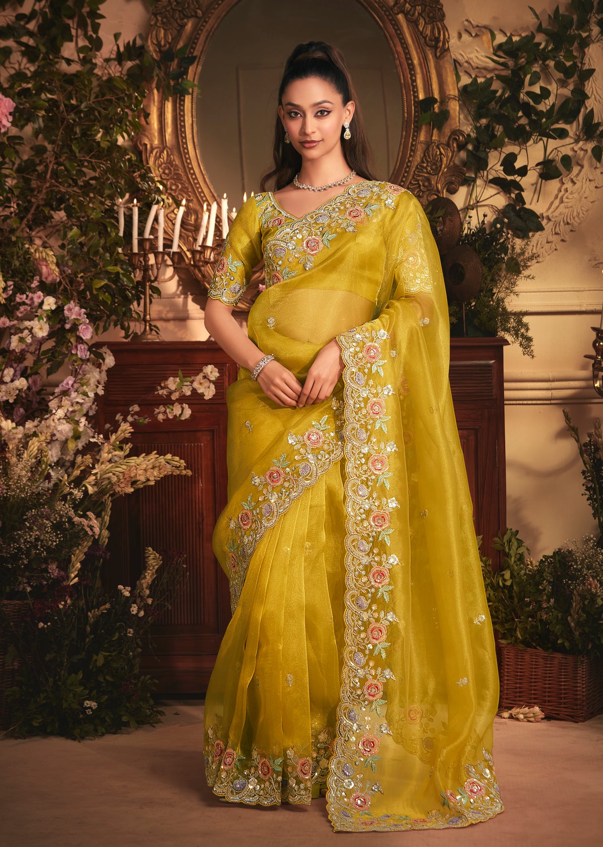Designer Mustard Tissue Organza Saree with All Over Butta Work & Heavy Stone Work