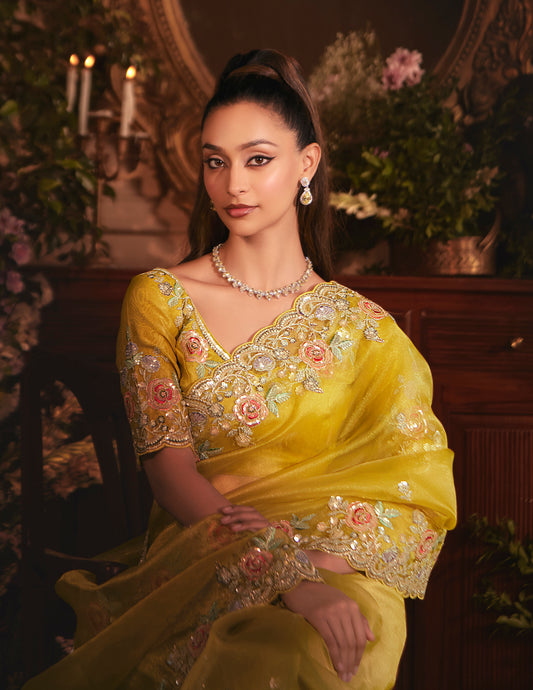 Designer Mustard Tissue Organza Saree with All Over Butta Work & Heavy Stone Work