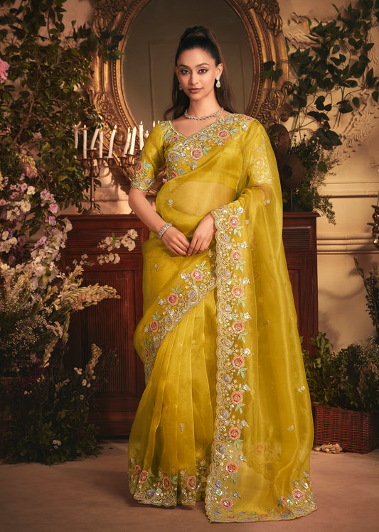 Designer Mustard Tissue Organza Saree with All Over Butta Work & Heavy Stone Work