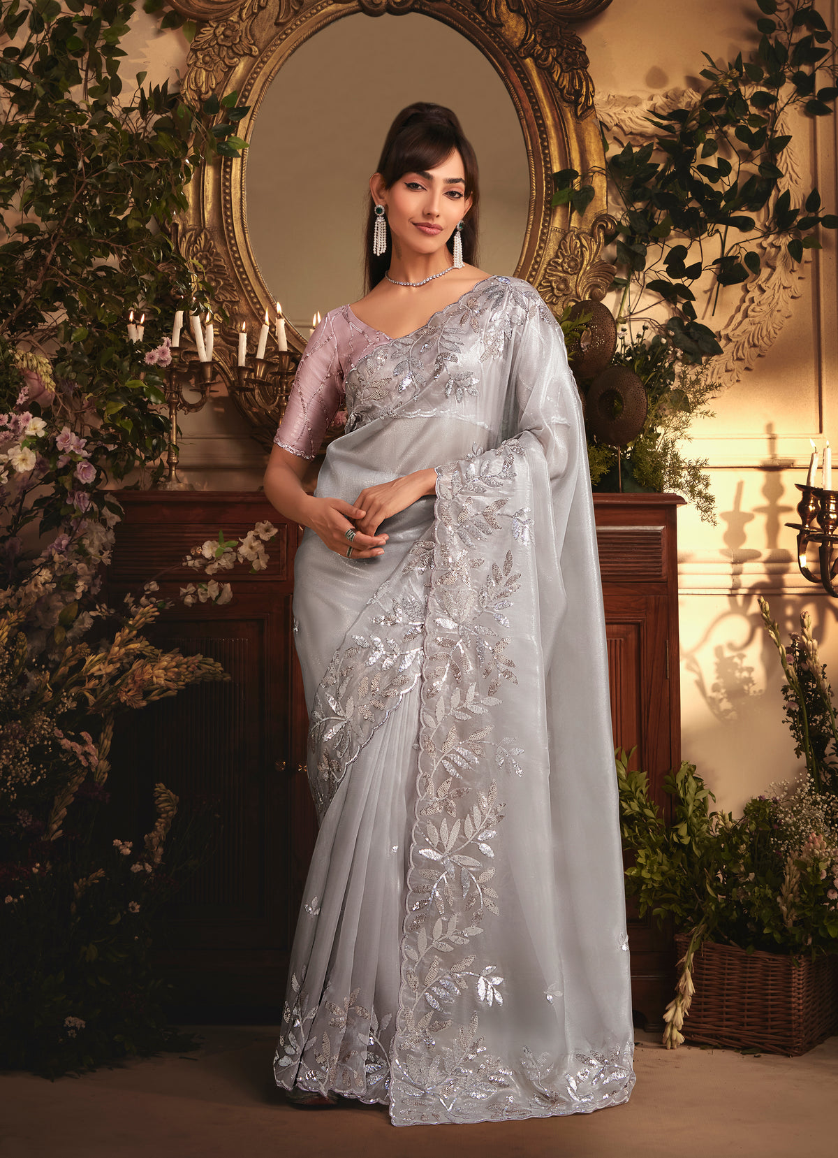 Designer Light Grey Tissue Organza Saree with All Over Butta Work & Heavy Stone Work