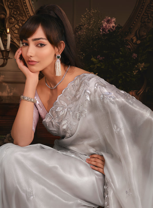 Designer Light Grey Tissue Organza Saree with All Over Butta Work & Heavy Stone Work