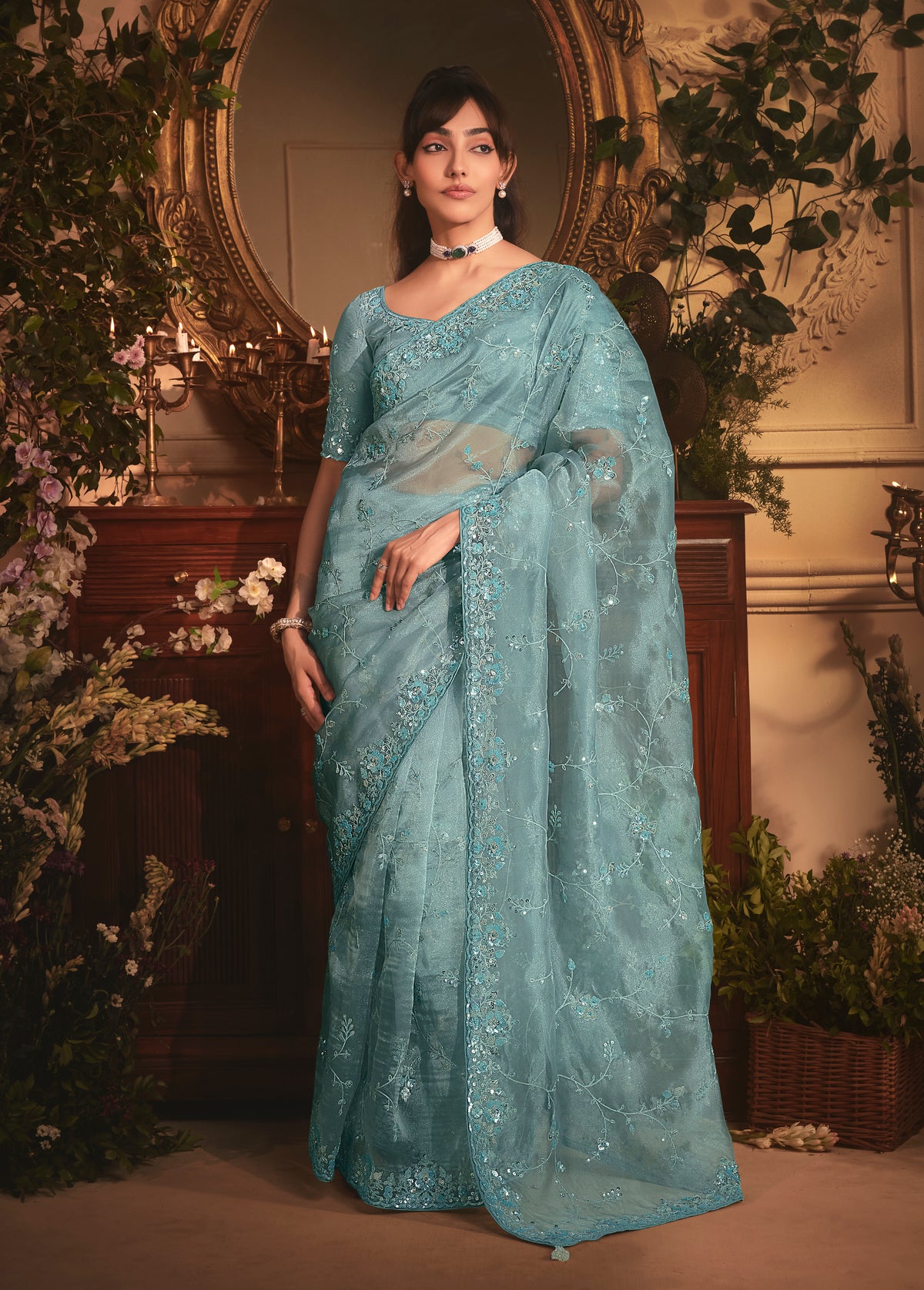 Designer Aqua blue Tissue Organza Saree with All Over Butta Work & Heavy Stone Work