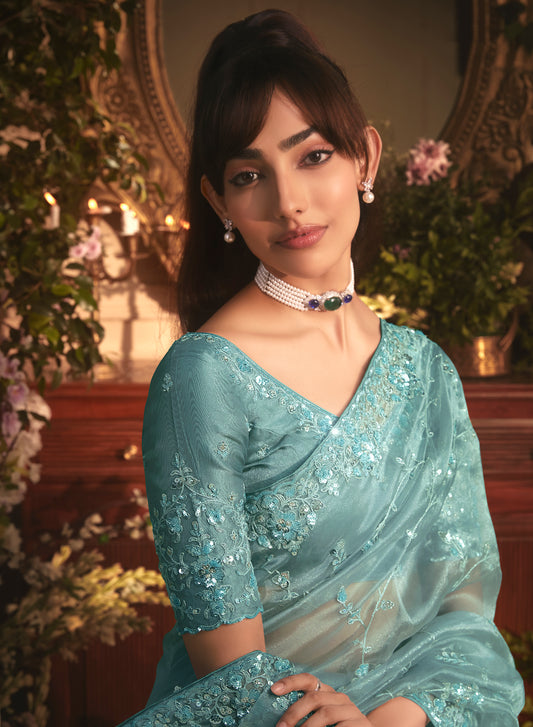 Designer Aqua blue Tissue Organza Saree with All Over Butta Work & Heavy Stone Work