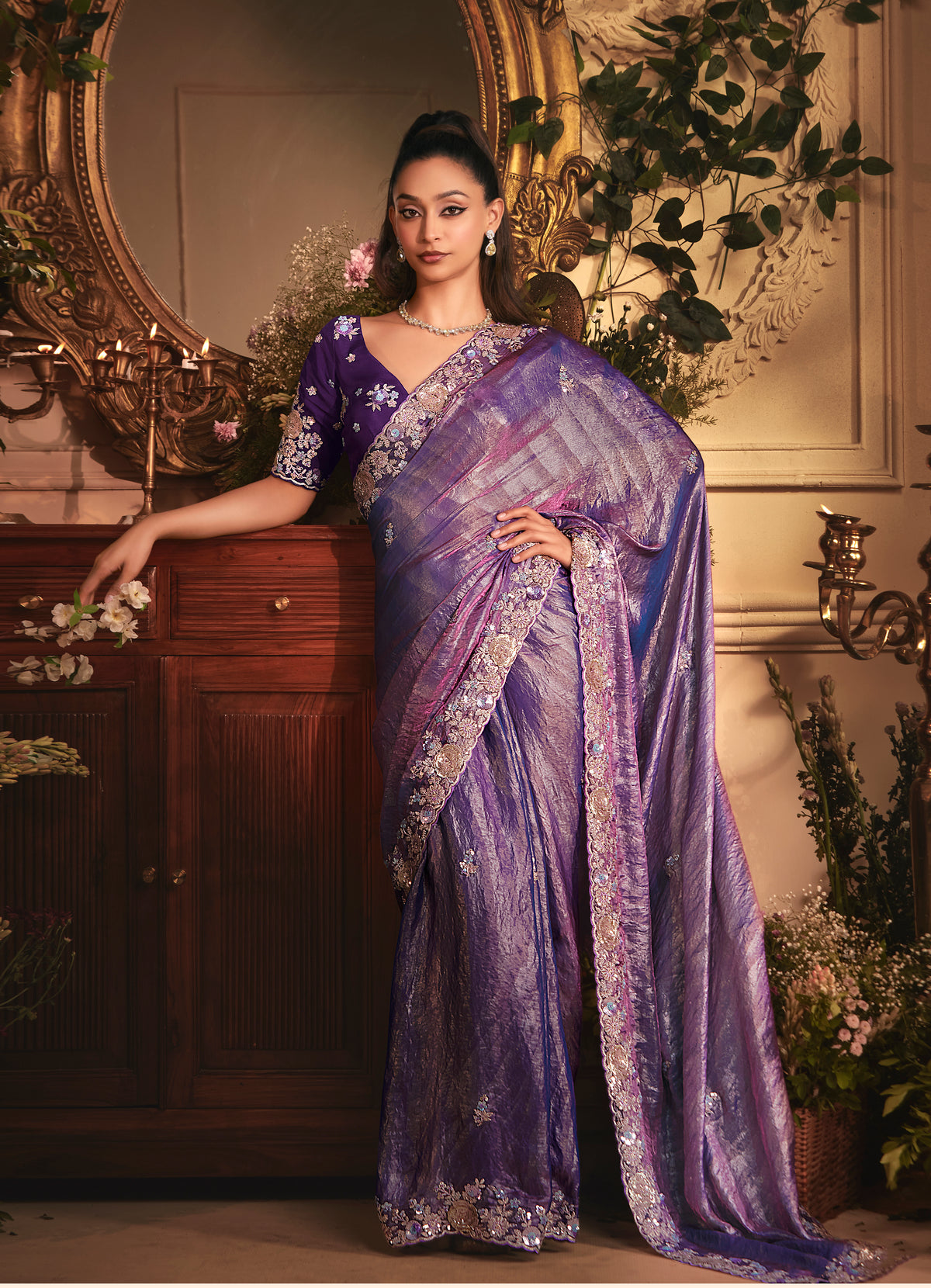 Designer Purple Tissue Organza Saree with All Over Butta Work & Heavy Stone Work