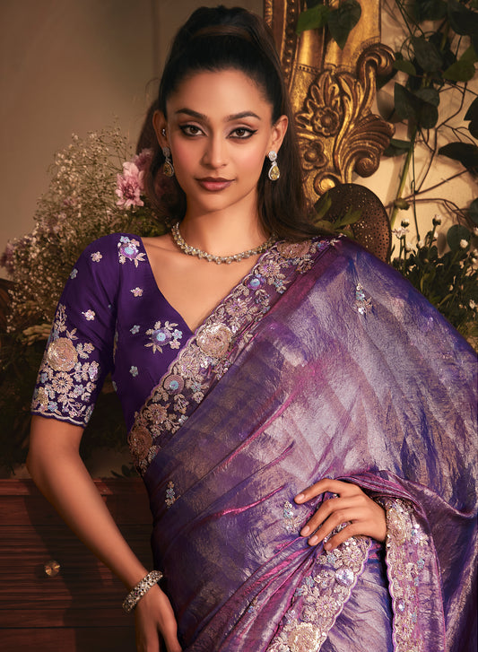 Designer Purple Tissue Organza Saree with All Over Butta Work & Heavy Stone Work