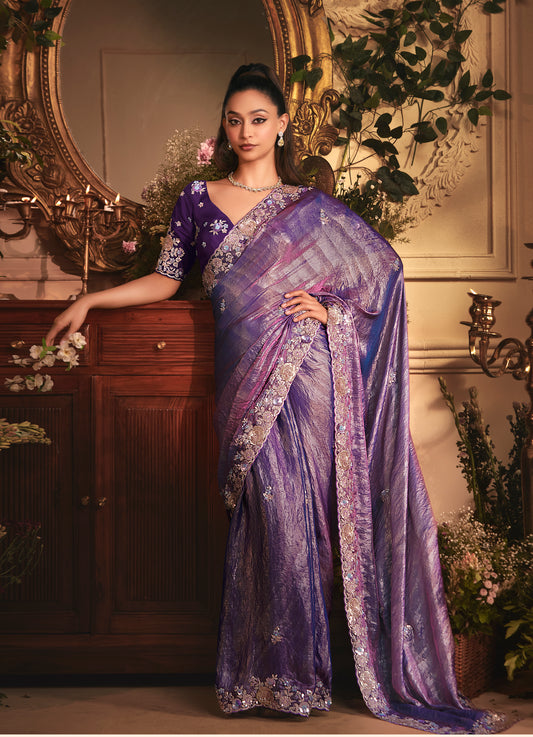 Designer Purple Tissue Organza Saree with All Over Butta Work & Heavy Stone Work