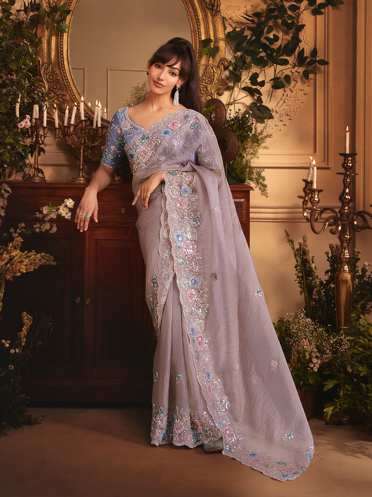 Designer Light Lilac Tissue Organza Saree with All Over Butta Work & Heavy Stone Work