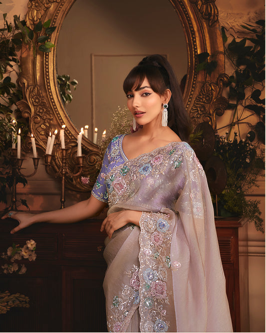 Designer Light Lilac Tissue Organza Saree with All Over Butta Work & Heavy Stone Work