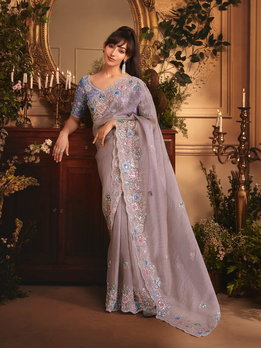 Designer Light Lilac Tissue Organza Saree with All Over Butta Work & Heavy Stone Work