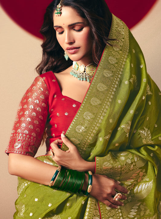 Viscose Silk Olive Green Saree with Rich Zari Weaving & Designer Tassels