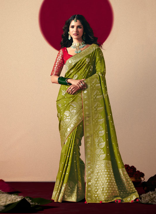 Viscose Silk Olive Green Saree with Rich Zari Weaving & Designer Tassels