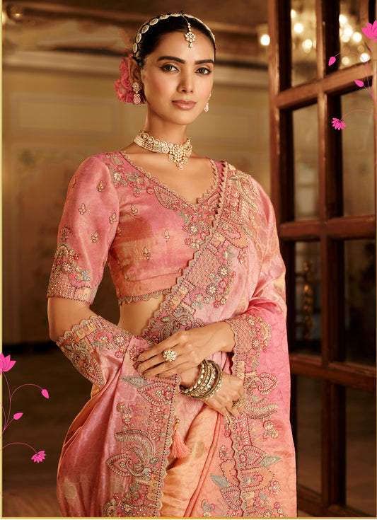 Silk Blend Saree in Peach & Rose Pink with Intricate Meenakari Zari Detailing
