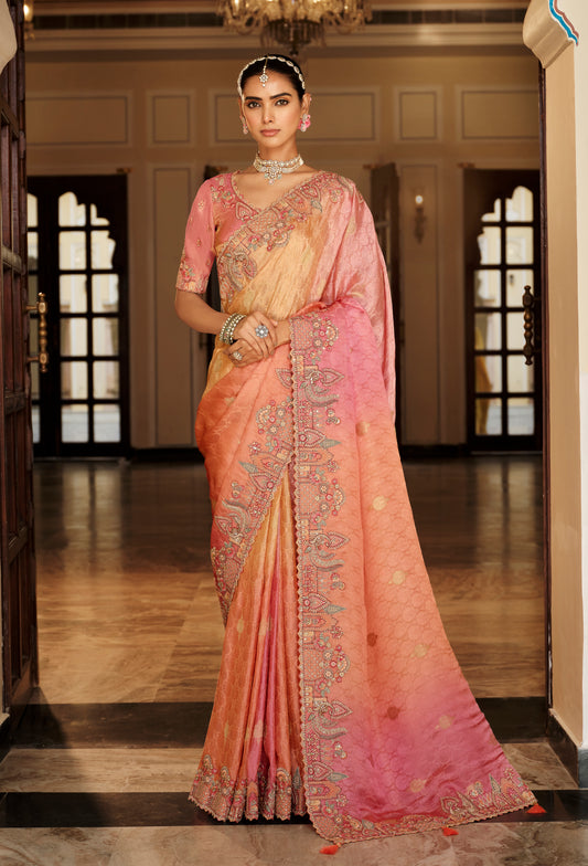 Silk Blend Saree in Peach & Rose Pink with Intricate Meenakari Zari Detailing