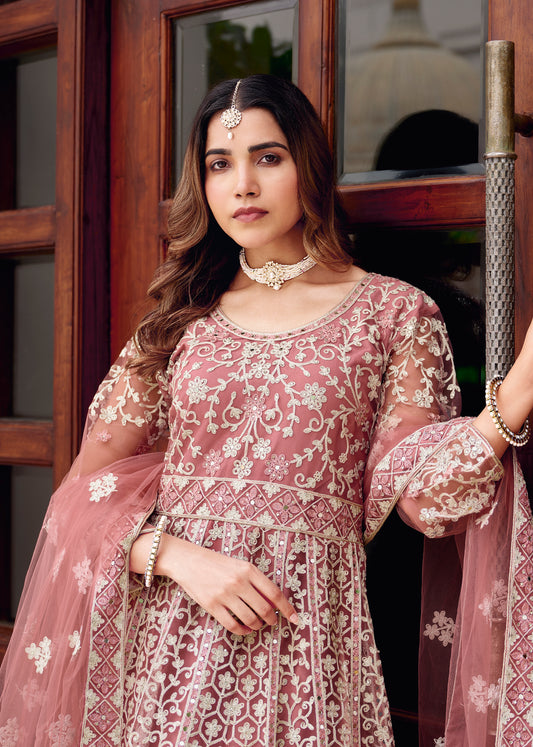 Pink Net Embroidered Readymade Trendy Gown