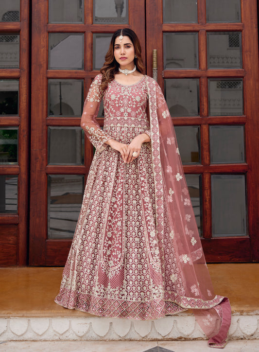 Pink Net Embroidered Readymade Trendy Gown