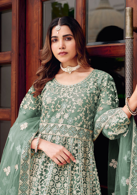 Light Teal Net Embroidered Readymade Trendy Gown