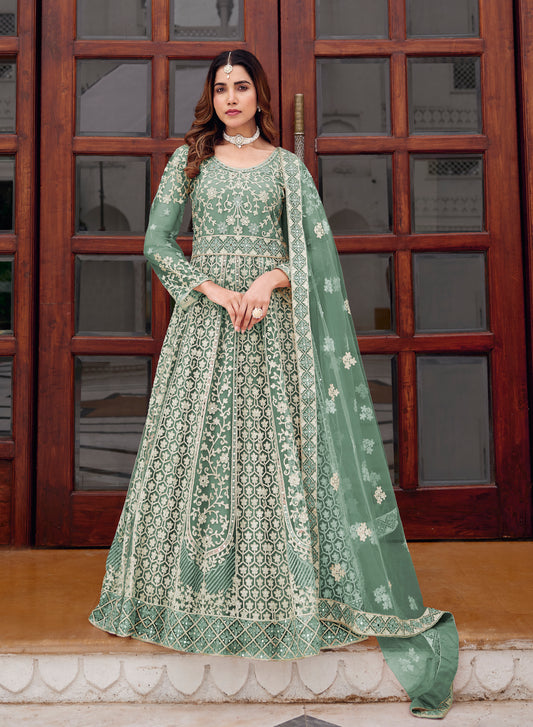 Light Teal Net Embroidered Readymade Trendy Gown