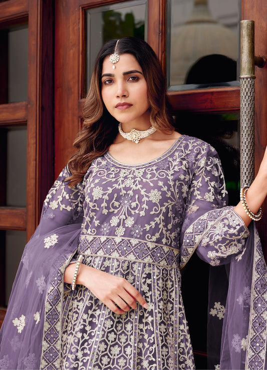 Lavender Net Embroidered Readymade Trendy Gown