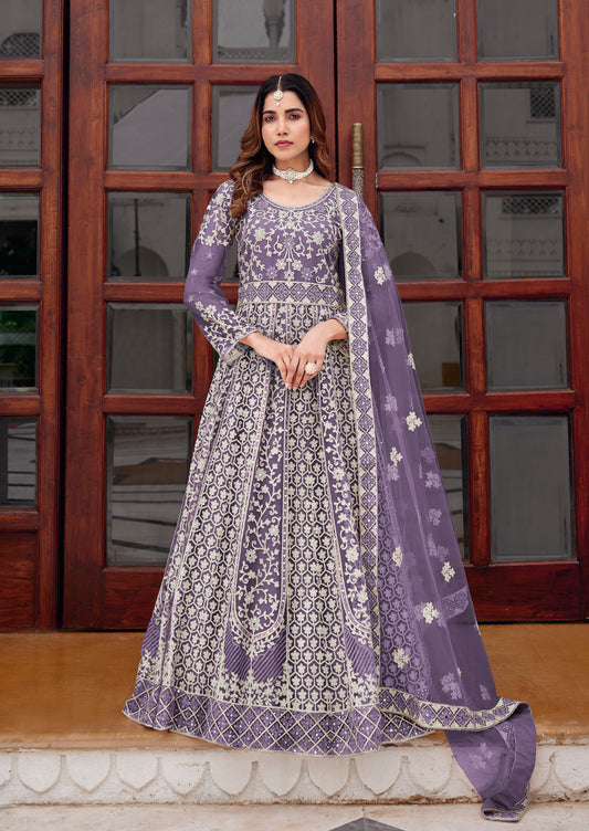 Lavender Net Embroidered Readymade Trendy Gown