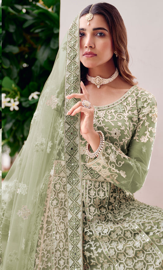 Pista Green Net Embroidered Readymade Trendy Gown