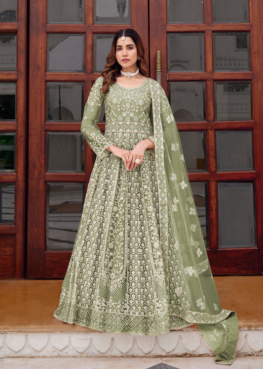 Pista Green Net Embroidered Readymade Trendy Gown