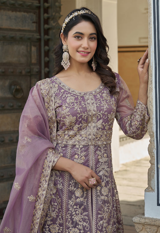 Lavender Net Slit Style Lehenga Pant Style Anarkali Suit