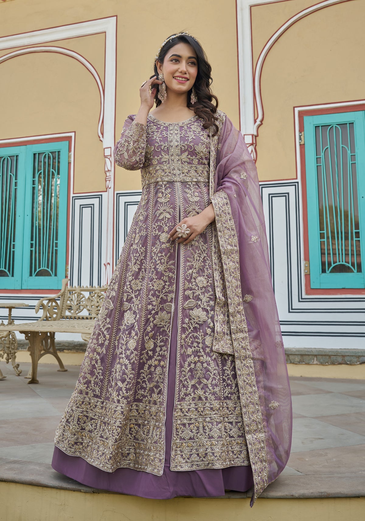 Lavender Net Slit Style Lehenga Pant Style Anarkali Suit