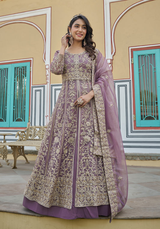 Lavender Net Slit Style Lehenga Pant Style Anarkali Suit