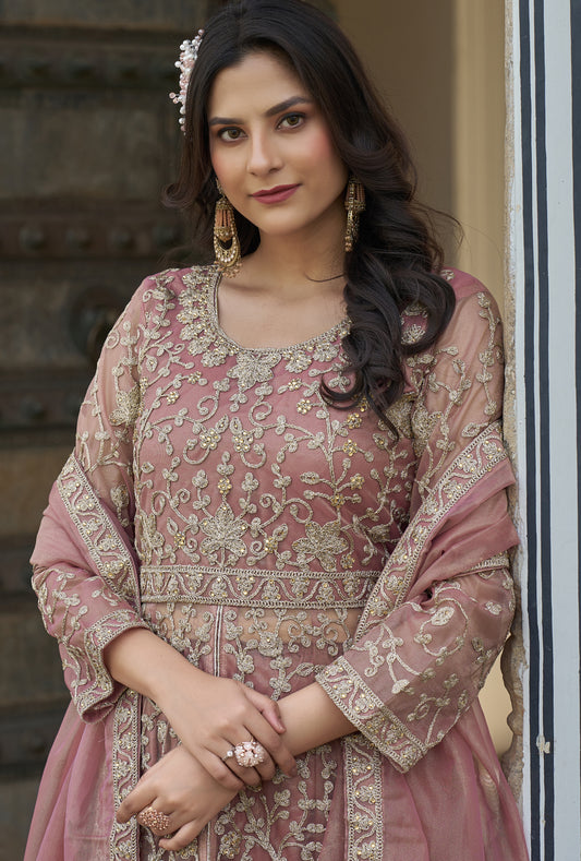 Light mauve Net Slit Style Lehenga Pant Style Anarkali Suit