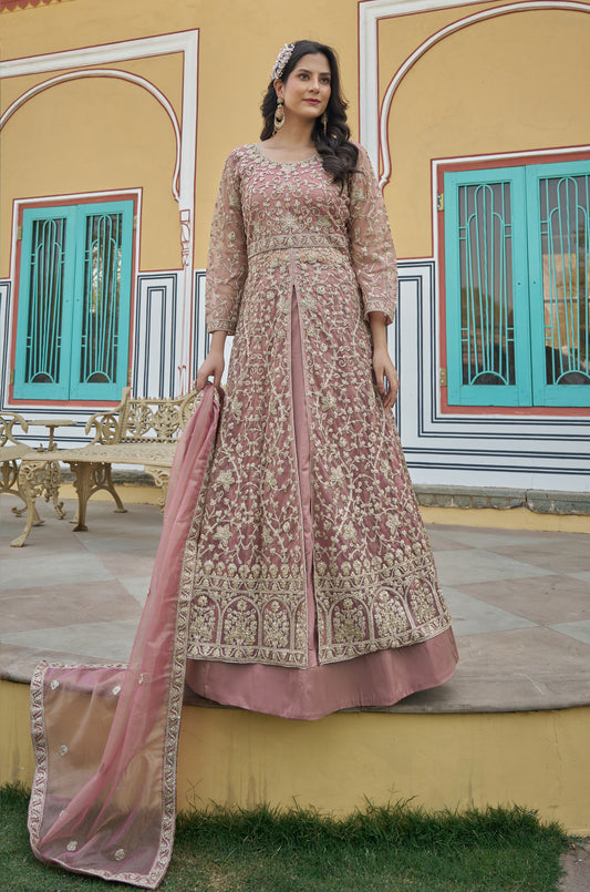Light mauve Net Slit Style Lehenga Pant Style Anarkali Suit
