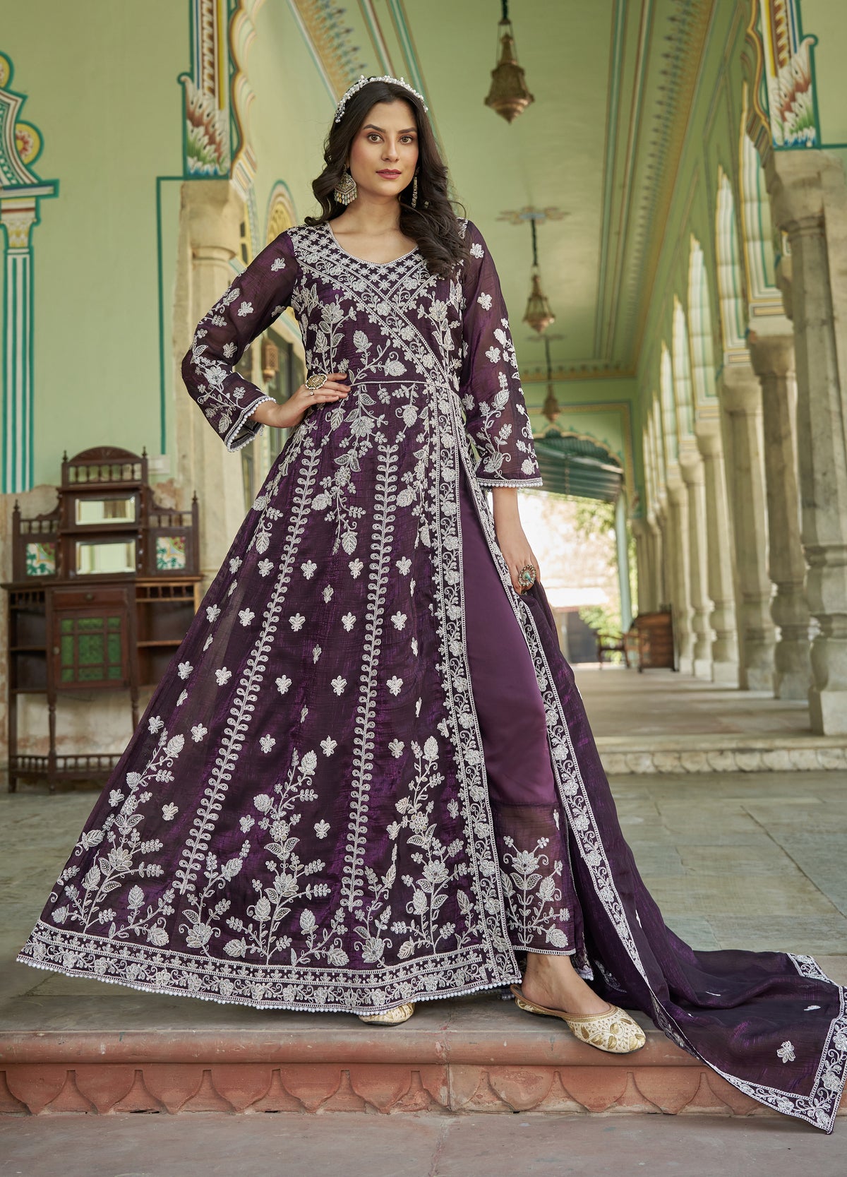 Purple Fancy Crunchy Slit Style Lehenga Pant Style Anarkali Suit