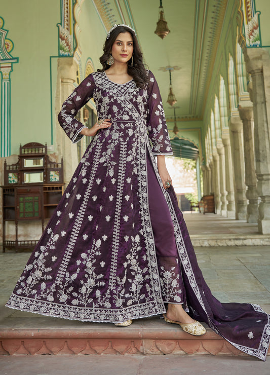 Purple Fancy Crunchy Slit Style Lehenga Pant Style Anarkali Suit