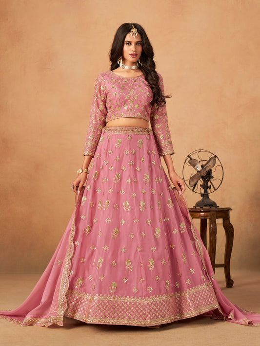 Embroidered Pink Organza Trendy Lehenga Choli