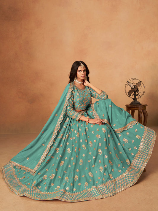Embroidered Turquoise Organza Trendy Lehenga Choli