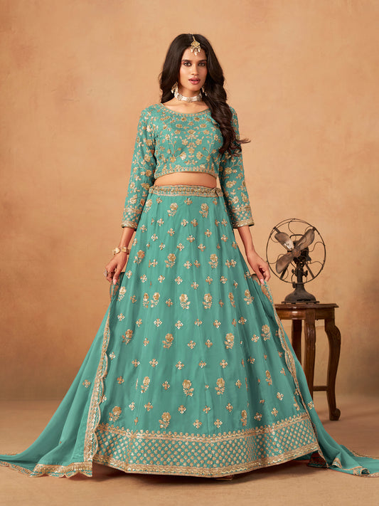 Embroidered Turquoise Organza Trendy Lehenga Choli