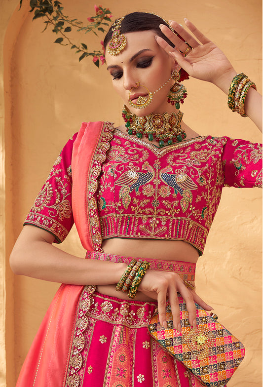 Rani Pink Banarasi Silk Wedding Wear Lehenga With Embroidery Work