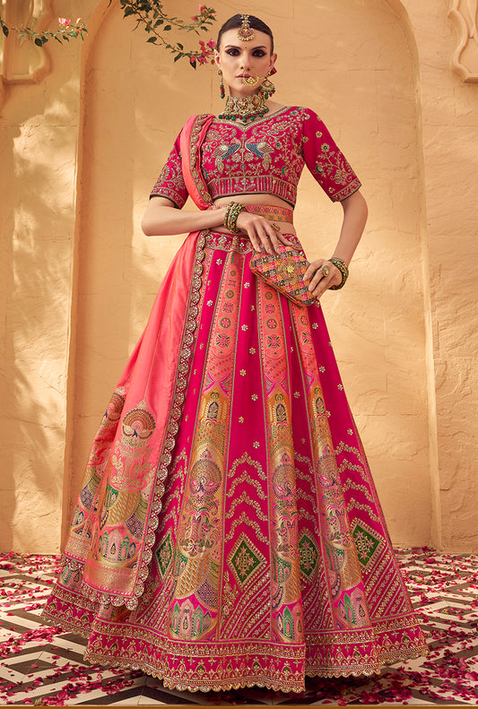 Rani Pink Banarasi Silk Wedding Wear Lehenga With Embroidery Work
