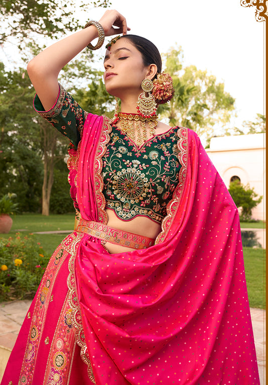 Hot Pink Banarasi Silk Wedding Wear Lehenga With Embroidery Work