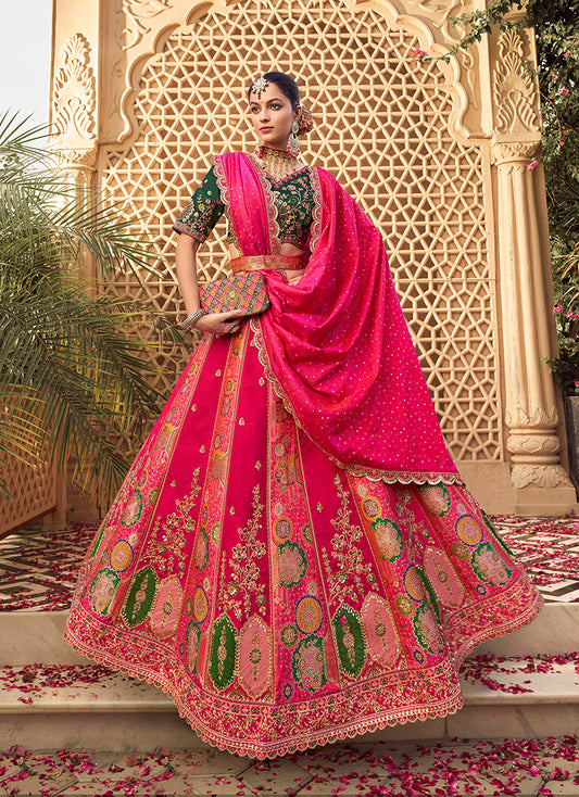 Hot Pink Banarasi Silk Wedding Wear Lehenga With Embroidery Work