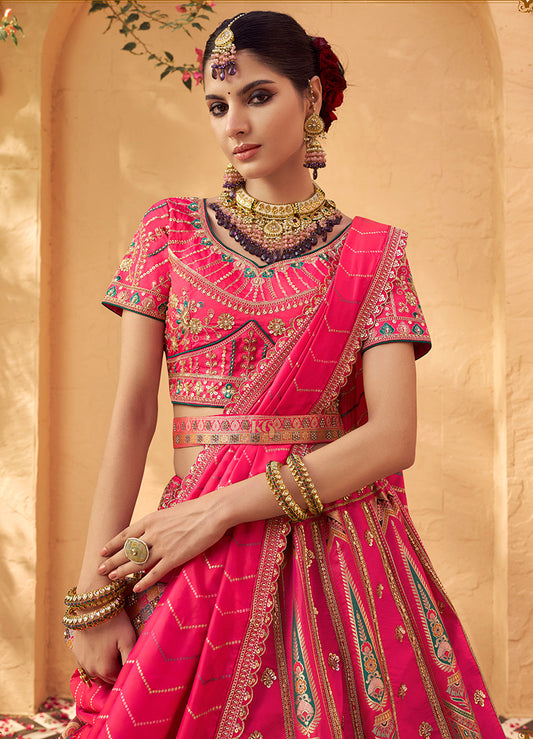 Hot Pink & Peach Banarasi Silk Wedding Wear Lehenga With Embroidery Work