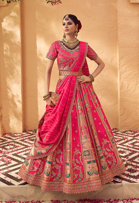 Hot Pink & Peach Banarasi Silk Wedding Wear Lehenga With Embroidery Work