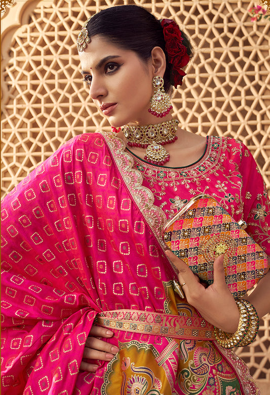 Onion Pink Banarasi Silk Wedding Wear Lehenga With Embroidery Work