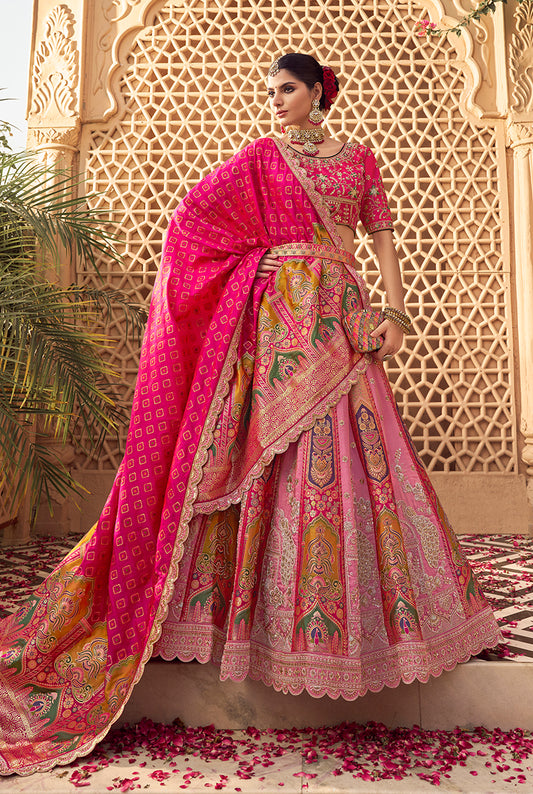 Onion Pink Banarasi Silk Wedding Wear Lehenga With Embroidery Work