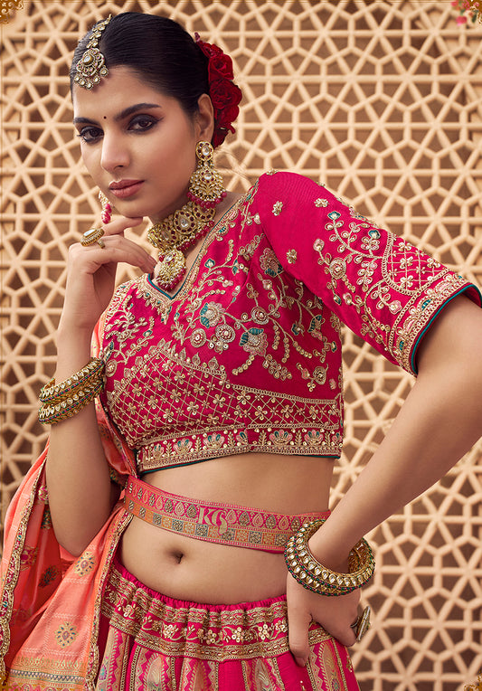 Rani Pink & Peach Banarasi Silk Wedding Wear Lehenga With Embroidery Work
