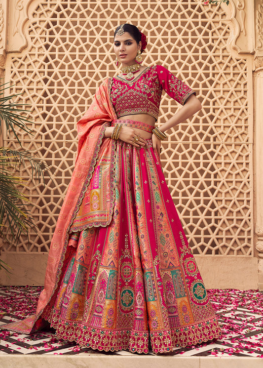 Rani Pink & Peach Banarasi Silk Wedding Wear Lehenga With Embroidery Work